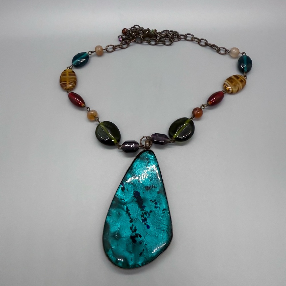 Multicolor Beaded Necklace with Teal Pendant